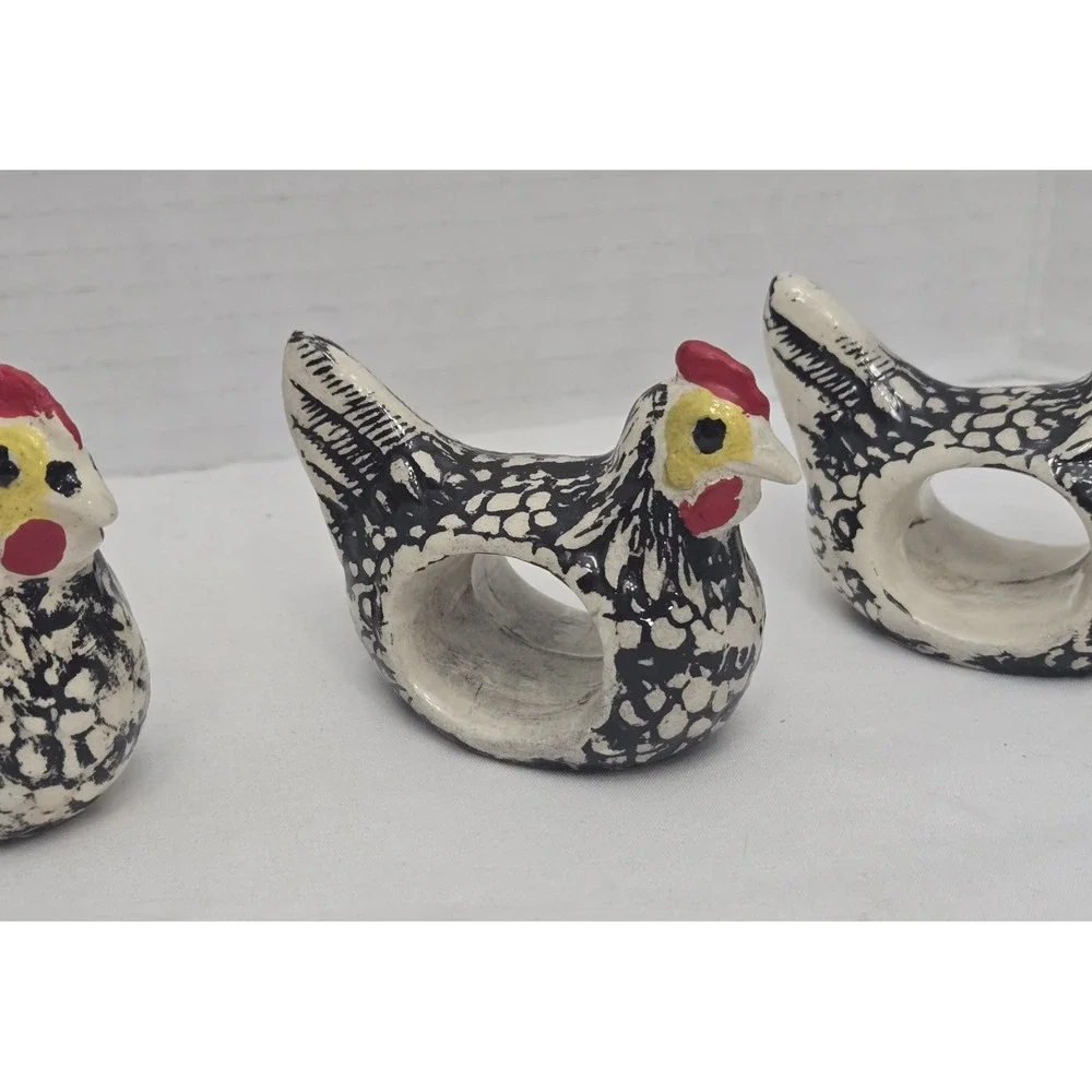 Vintage Hand Painted Ceramic Chicken Rustic Napkin Rings Holders Set of 3
